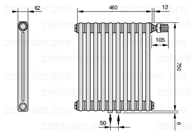 Схема (чертеж) Радиатор Zehnder Charleston 2075/10 №V008 Белый глянцевый RAL 9016